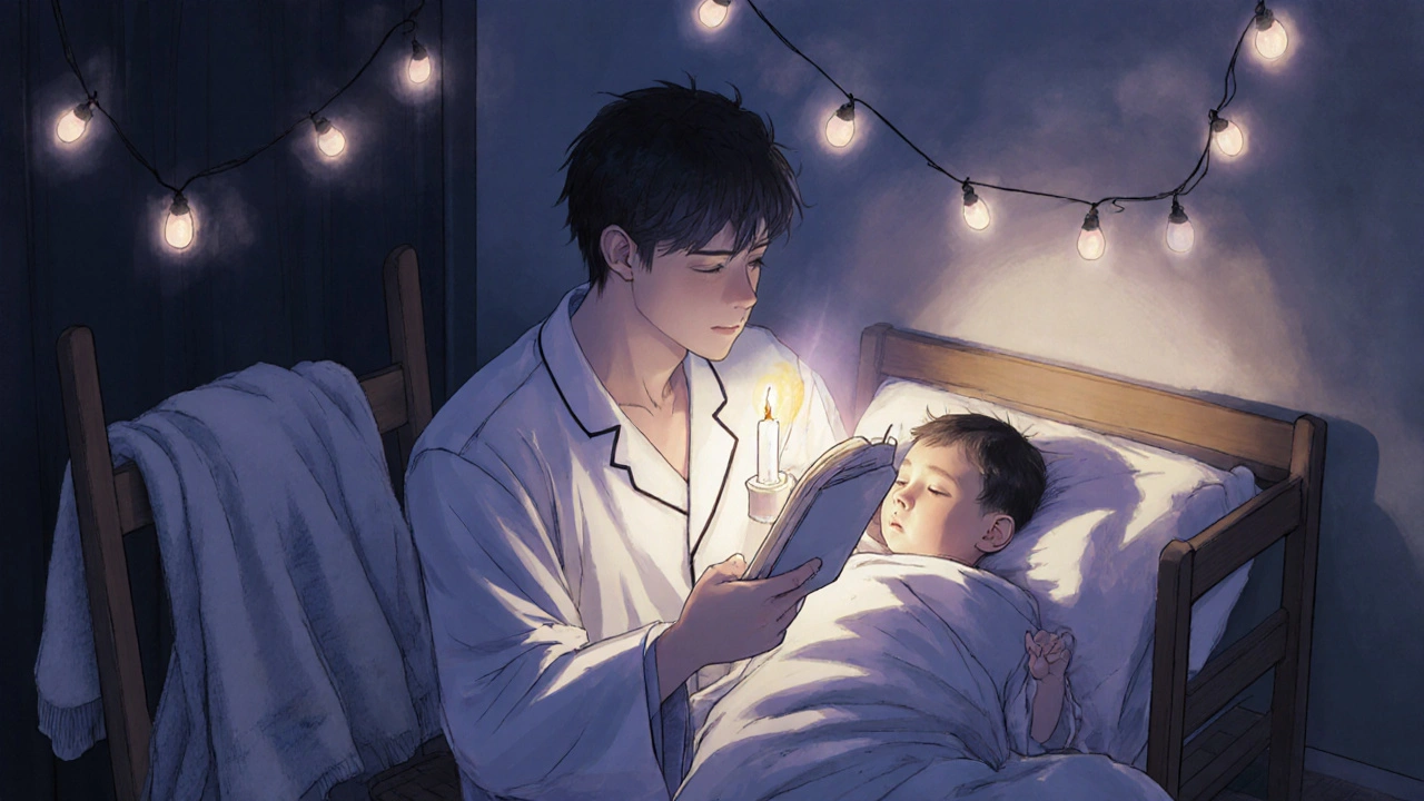 A father reads a book to a sleepy infant at bedtime, with dim lights and a bath towel nearby, creating a calm, nurturing atmosphere.