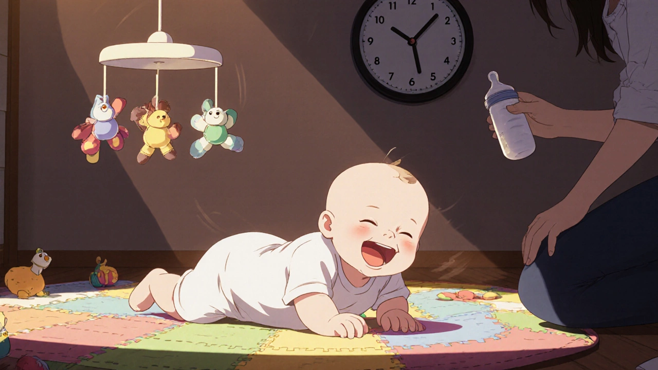 A smiling baby lies on a play mat during tummy time, surrounded by toys, as a parent&#039;s shadow kneels nearby holding a bottle.