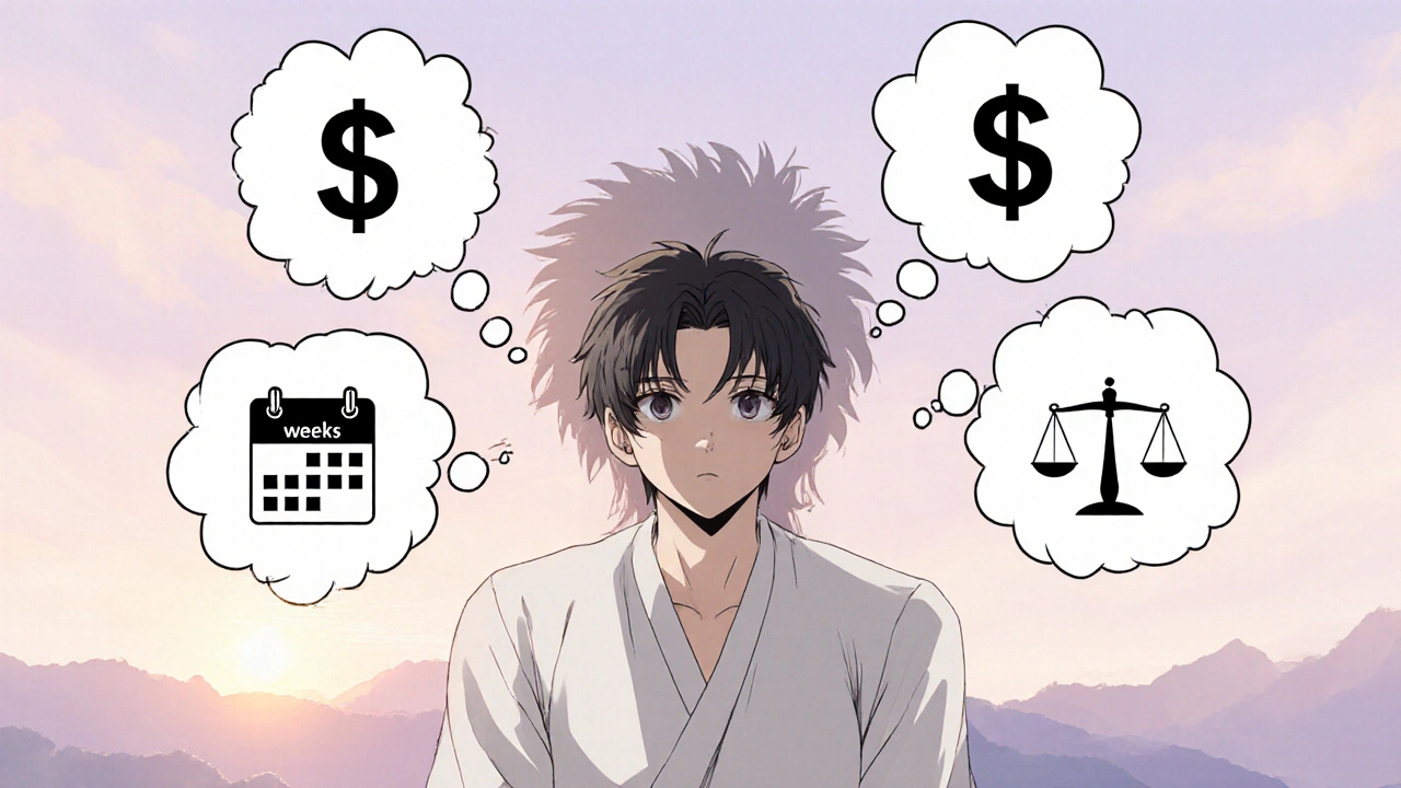 Character weighs cost, time, and side‑effects, with hopeful full‑hair silhouette behind.