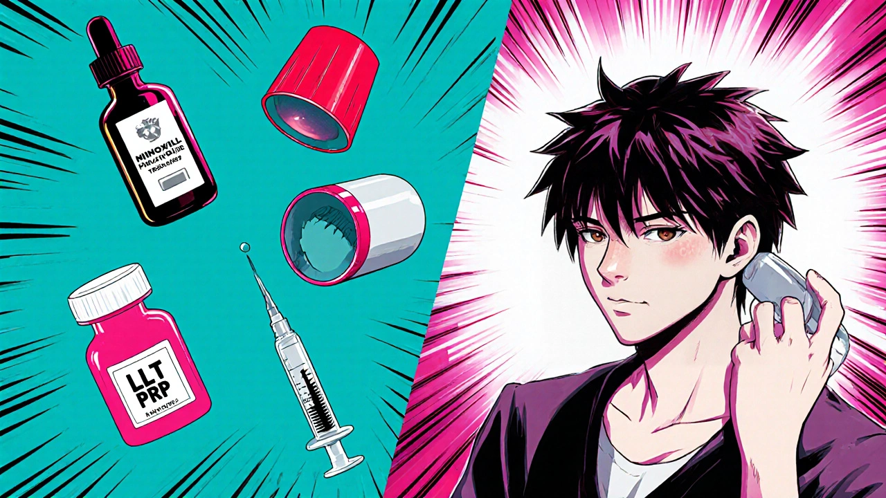 Collage of various hair‑loss treatments with a central figure applying Pilex.