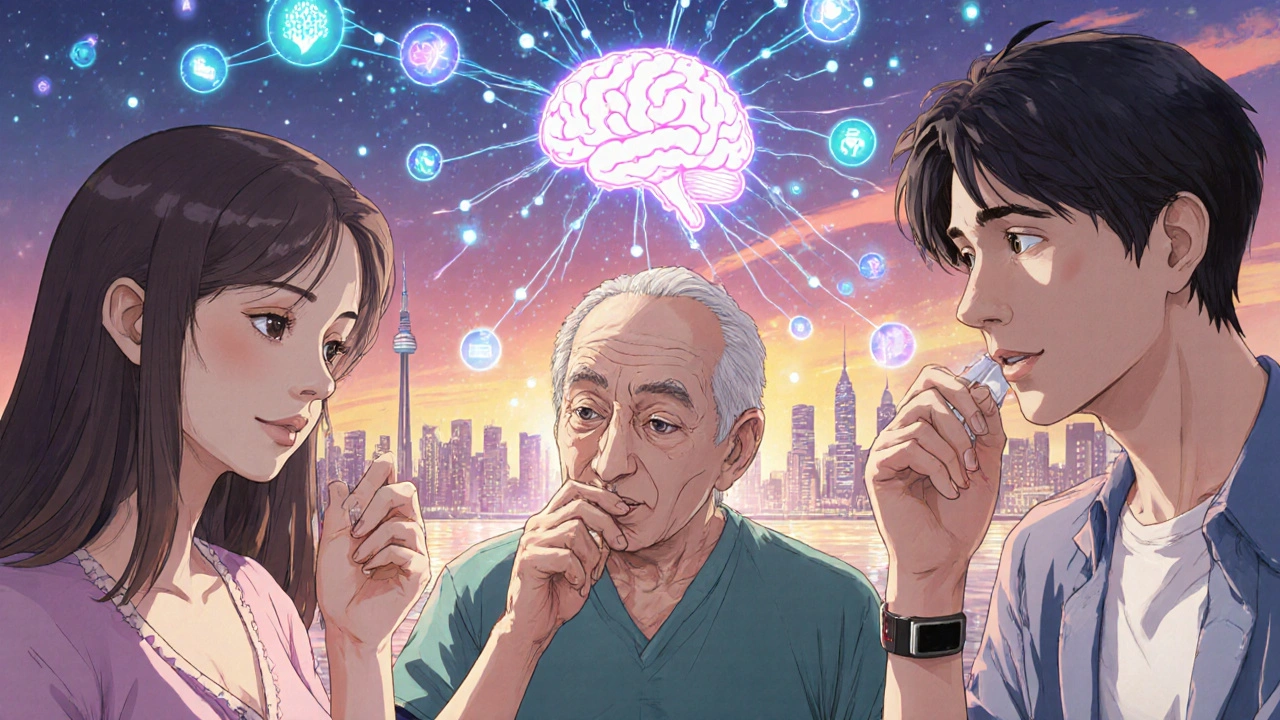 Diverse patients connected by data threads to an AI brain, wearing next-gen anticoagulation devices under a sunrise sky.