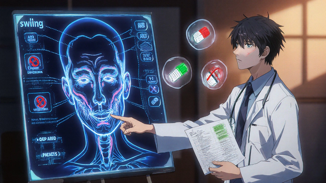 Doctor explains bradykinin pathway to patient, with drugs crossed out and safer alternatives glowing.