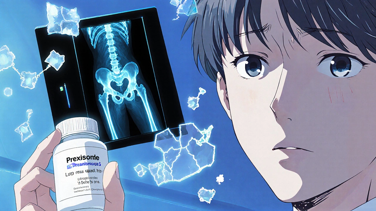 Hand holding prednisone bottle beside fading bone scan of spine and hip