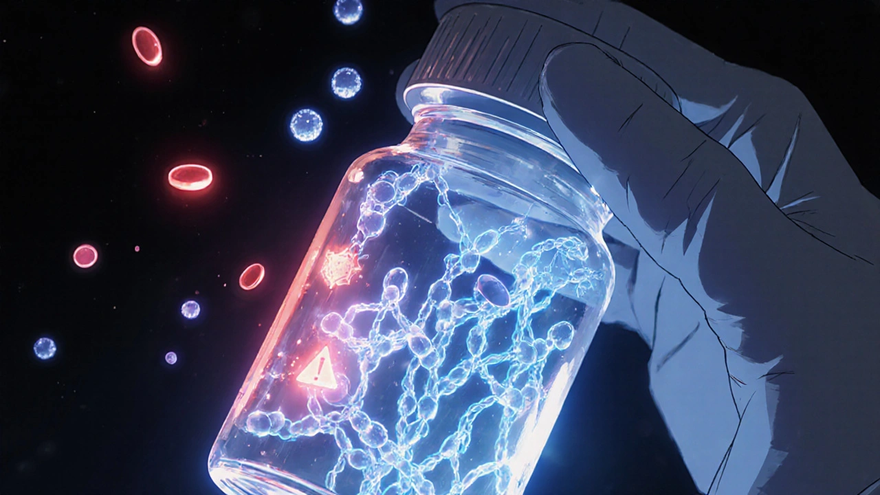 Lab technician holding a vial of engineered heparin with molecular chains separating dangerous elements, glowing blue and red.