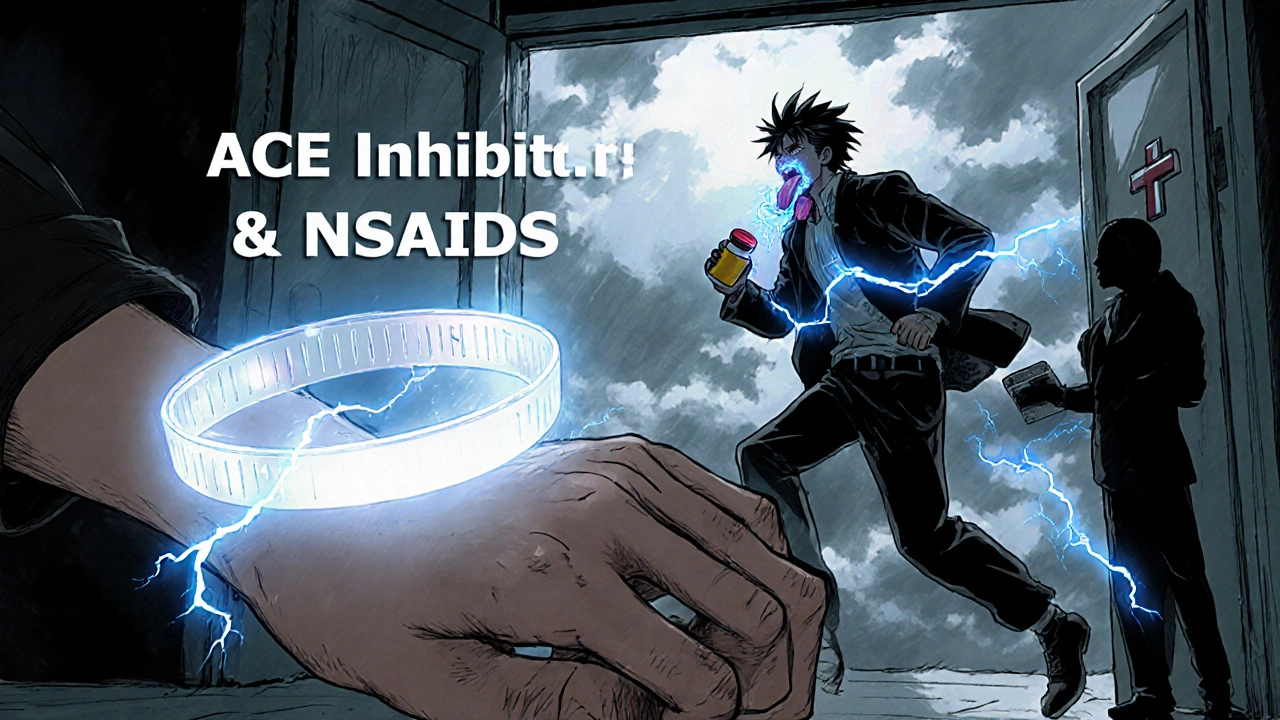 Medical alert bracelet glows as person rushes to ER, swelling radiating blue energy.