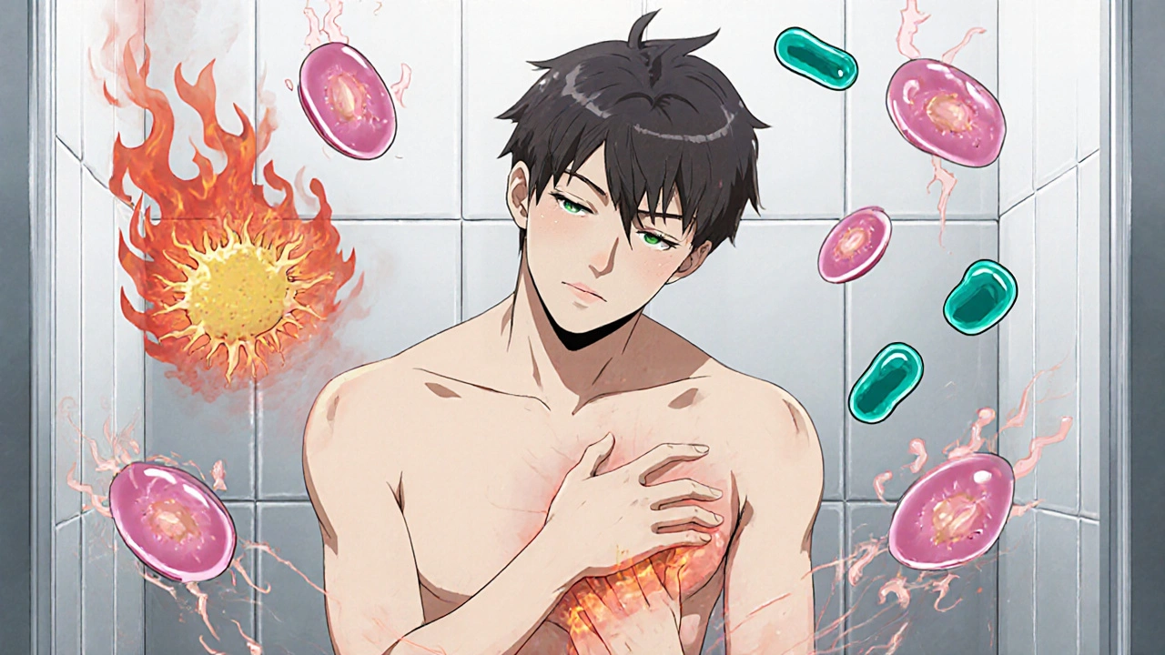 Person holding genital area showing burning irritation, with cartoon yeast and bacteria around them.