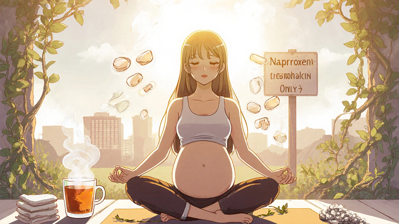 Pregnant woman in yoga pose surrounded by safe alternatives, naproxen pills dissolving into ash behind her.