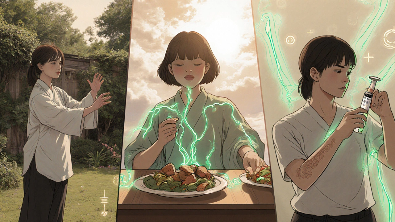 Three actions: tai chi, eating calcium-rich food, and receiving injection, with healing light flowing to bones