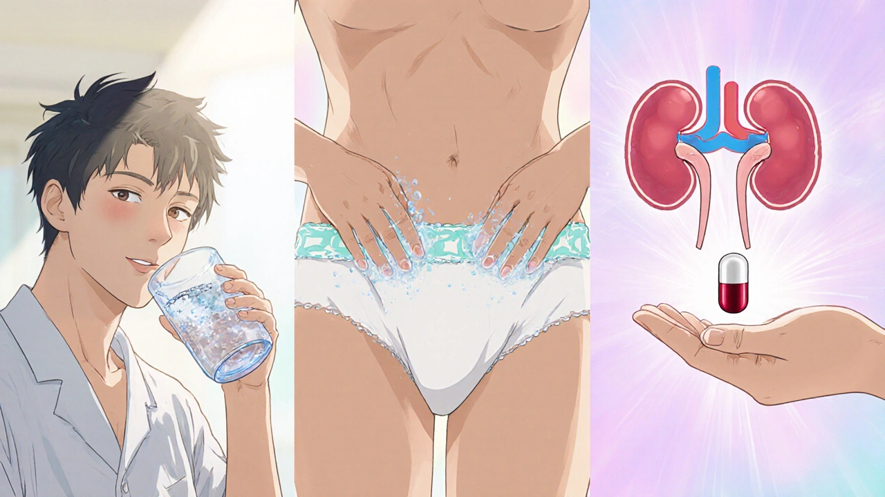 Three vignettes: drinking water, wearing breathable underwear, holding cranberry capsule with heart and kidney icons.