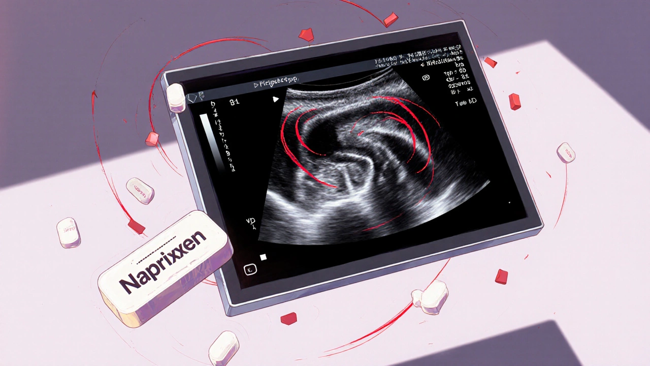 Ultrasound image of fetal heart with constricted vessel, surrounded by falling naproxen pills and a safe acetaminophen tablet.