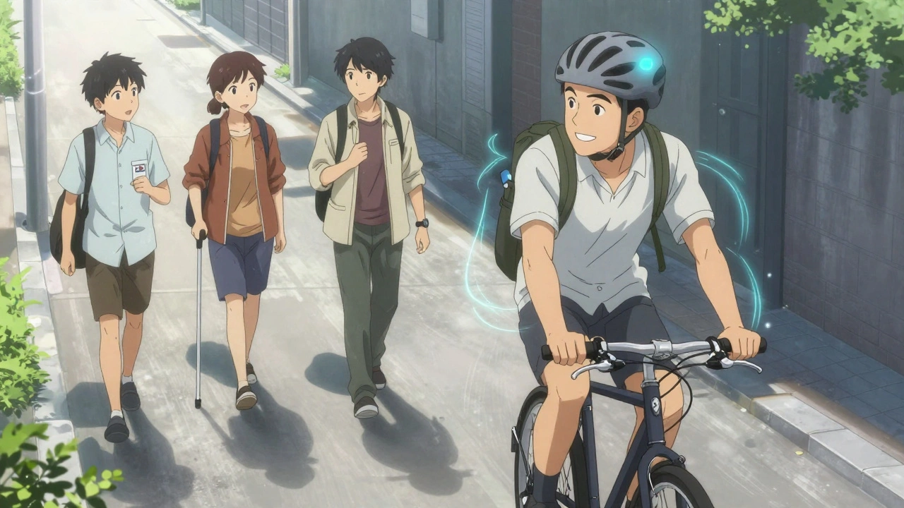 A man biking with a seizure-alert helmet, walking beside friends who also live with seizures, symbolizing regained independence.