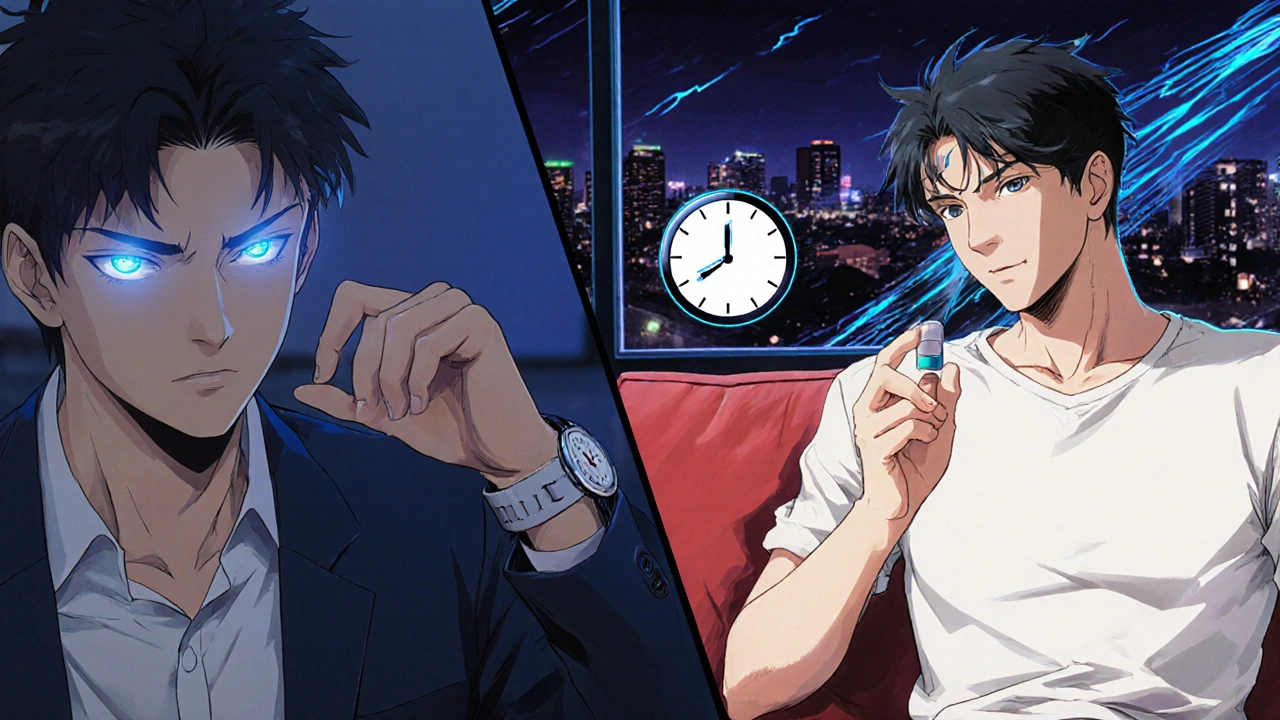 A man experiencing different ED medication effects — Viagra&#039;s vision tint versus Cialis&#039;s long duration.