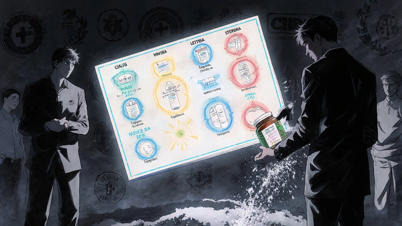 A medical comparison chart of ED drugs with herbal supplements crumbling into dust.