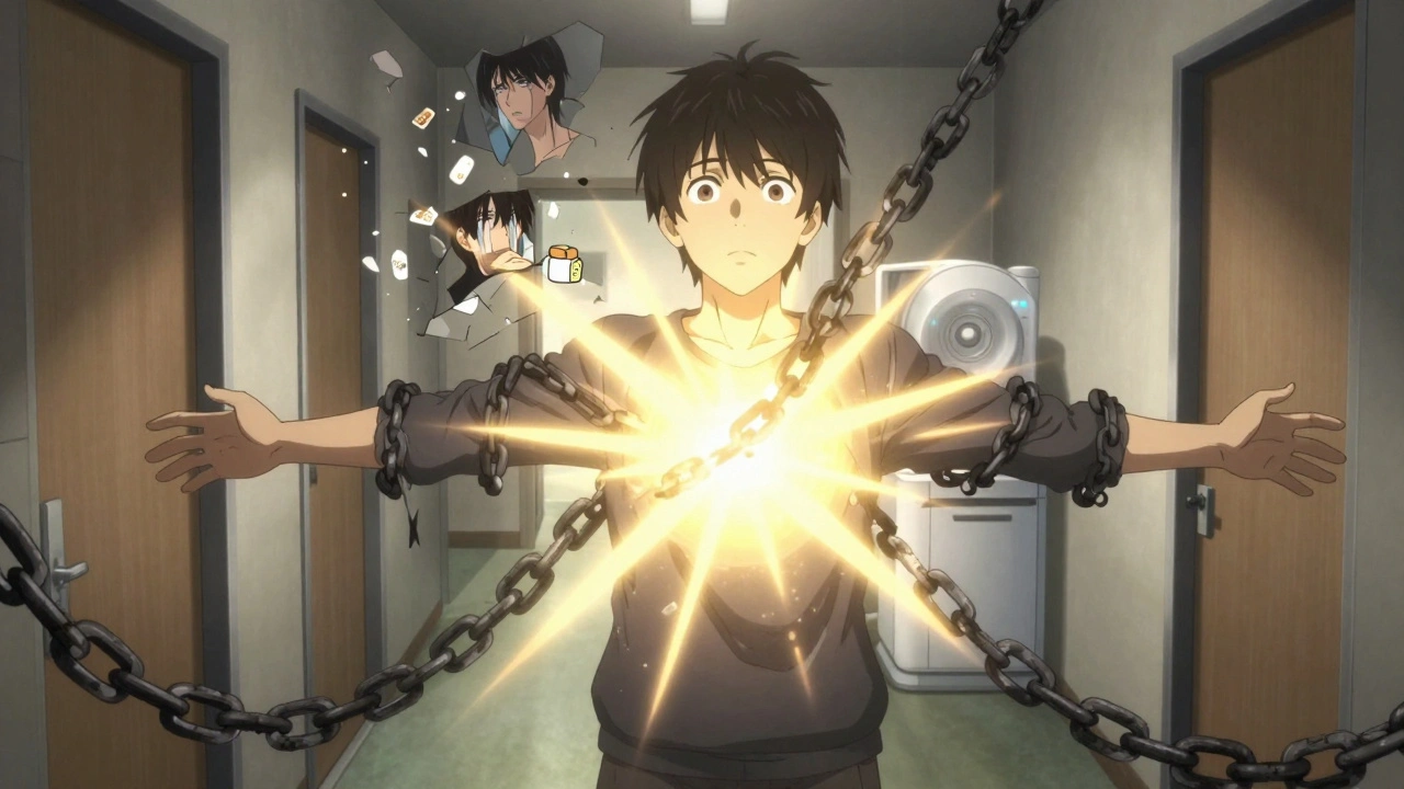 A person standing in sunlight as dark hormonal chains dissolve, symbolizing recovery from hyperprolactinaemia.