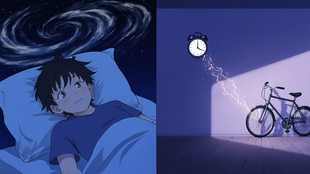 A person transitions from restless nights to peaceful sleep, connected by a trail of energy from daytime exercise.