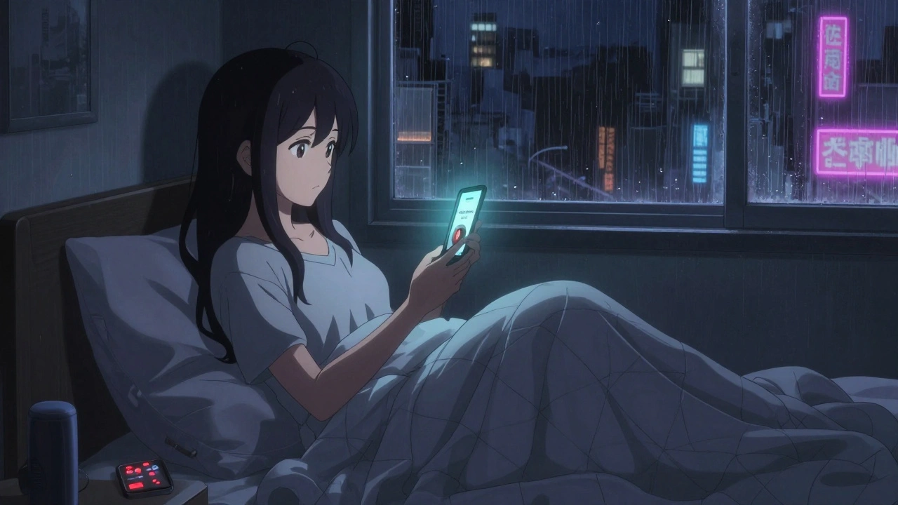 A woman alone at night video-calling an online epilepsy support group, phone glow lighting her face, weighted blanket nearby.