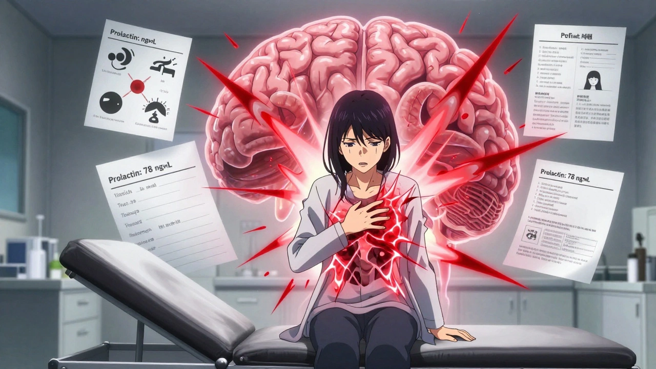 A woman holding a blood test result while a giant glowing pituitary gland emits anxiety spikes behind her.