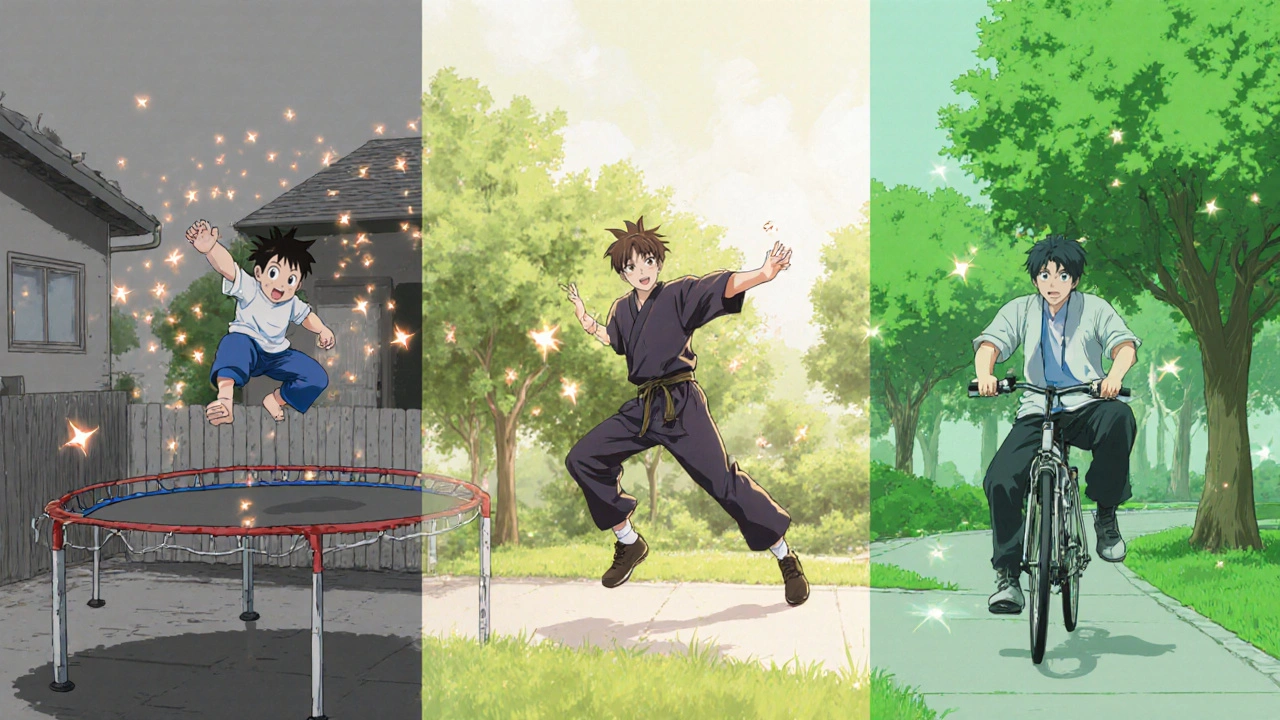 Diverse individuals move in nature with glowing particles around them, representing brain chemicals and calm.