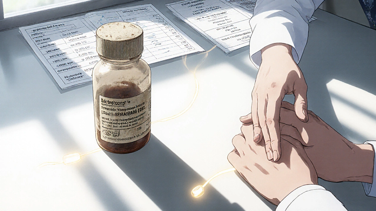 Doctor placing new HIV medication next to old Viramune bottle, medical charts showing improved health in background.