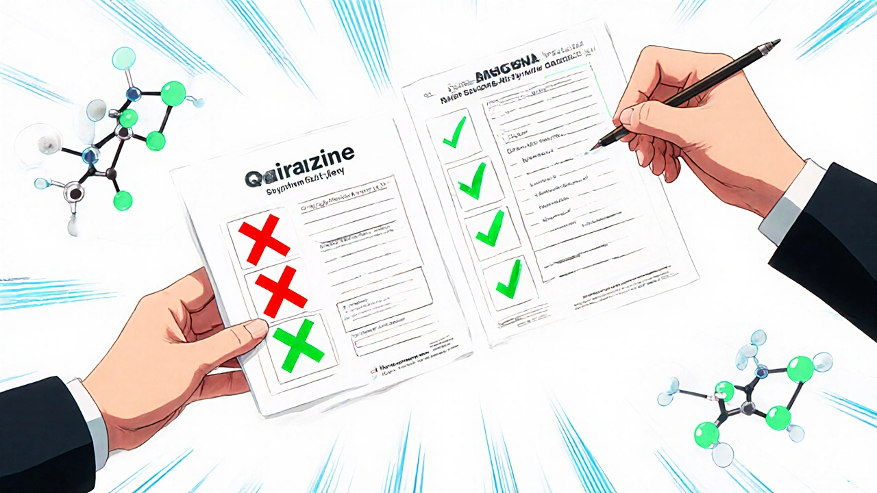 Hands comparing allergy symptom charts, molecular structures floating nearby, showing active vs inactive drug components.