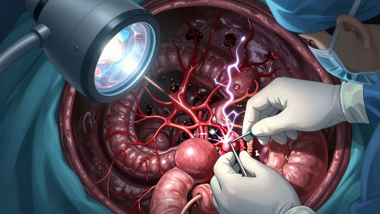 Laparoscopic view showing endometriosis lesions on bowel and bladder during surgical removal.