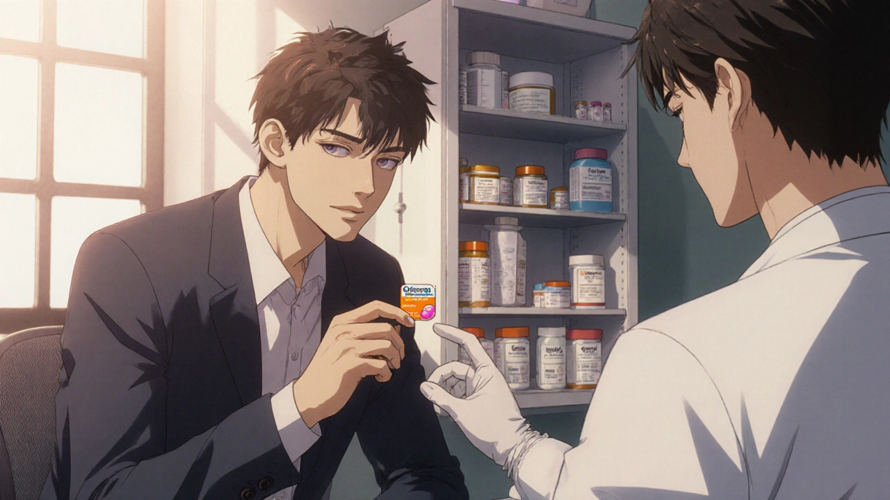 Man and doctor discussing medication, holding a softgel pill, anime style.