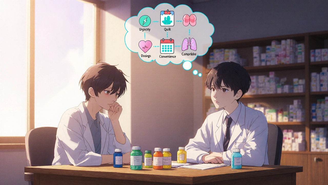 Patient and pharmacist discuss medication options with thought bubbles.