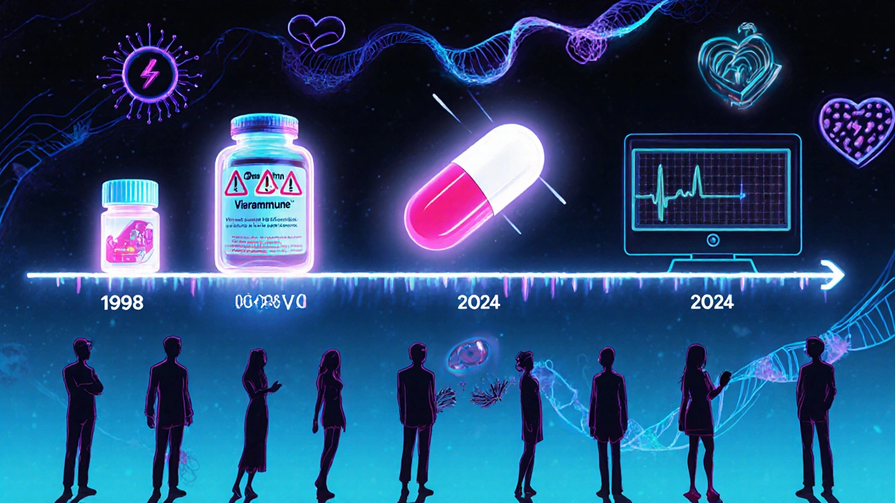 Timeline of HIV treatment evolution from Viramune to integrase inhibitors, with glowing pills and DNA strands in anime style.