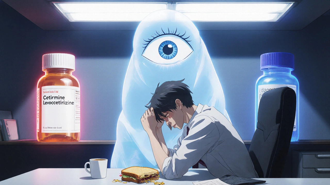 Tired worker at desk with ghostly drowsiness figure above, Cetirizine bottle glowing red, Levocetirizine glowing blue.