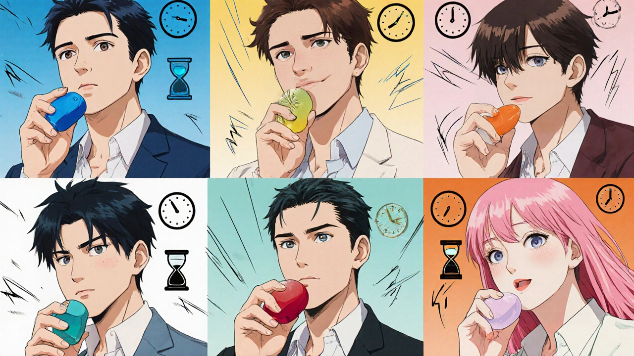 Various ED pills held by characters, each highlighted with timing symbols, anime style.