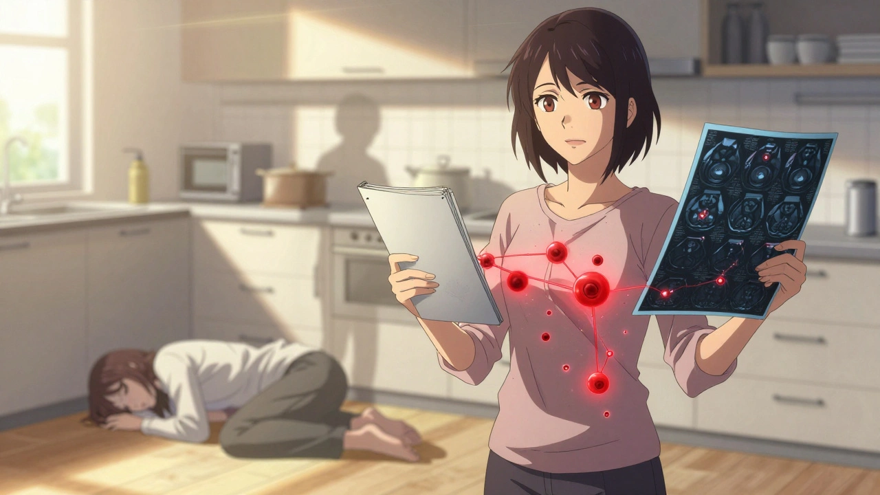 Woman holding MRI scan and journal as fading pain shadow disappears behind her in sunlight.