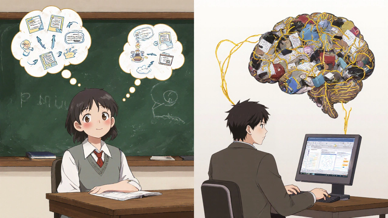 A child and adult with organized thought bubbles showing improved focus and task completion.