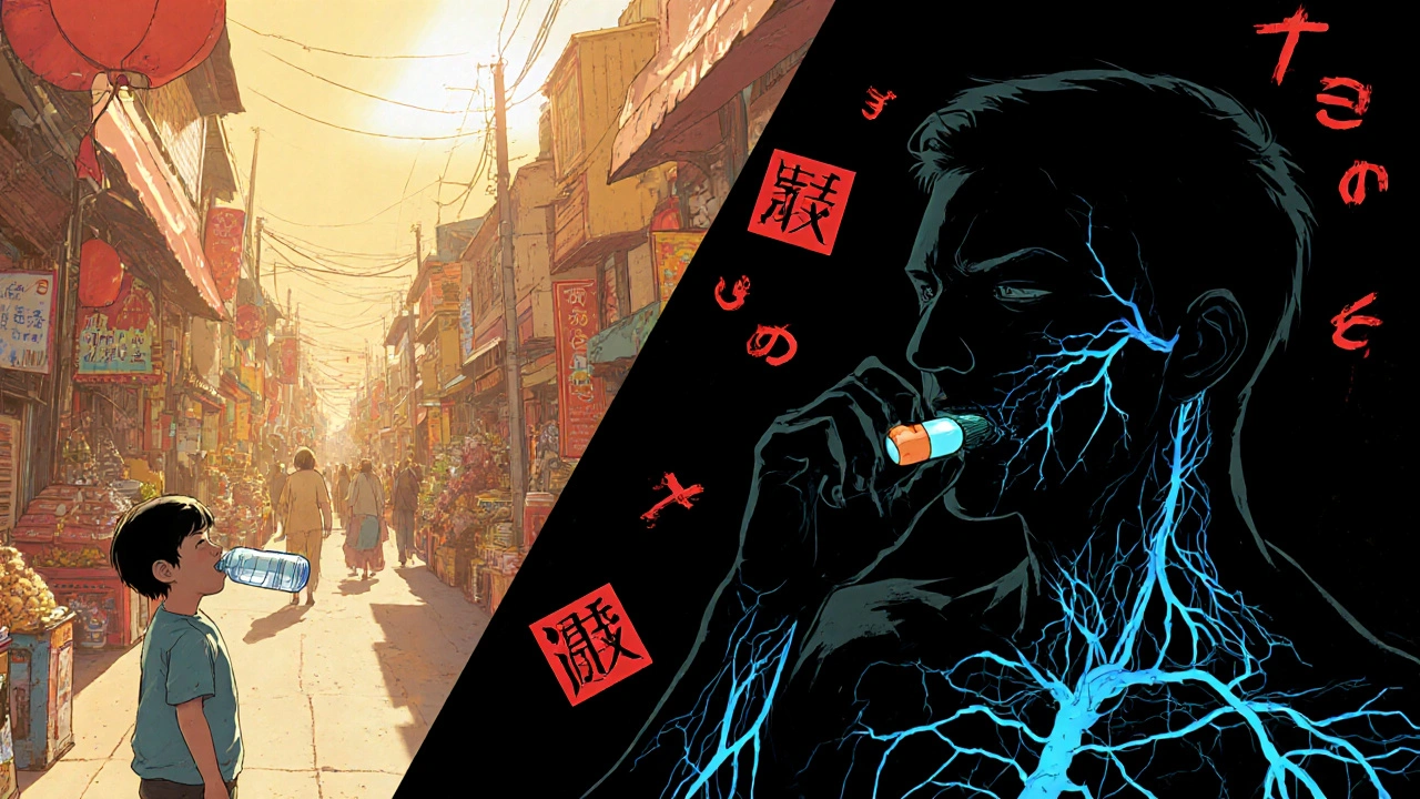 A child drinking safe water beside a dark figure taking levofloxacin with glowing damaged nerves.