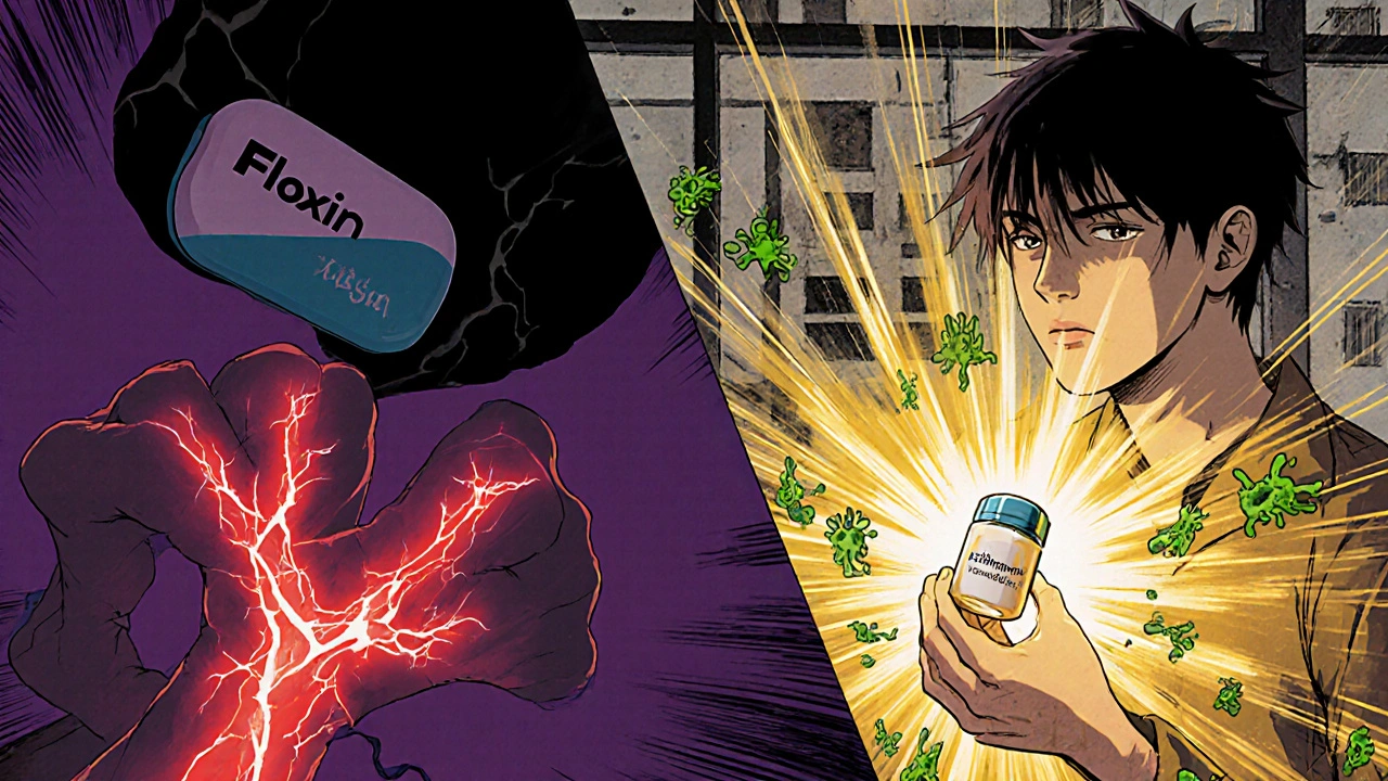 A dramatic split scene showing tendon damage from Floxin versus safe bacterial clearance with Azithromycin.