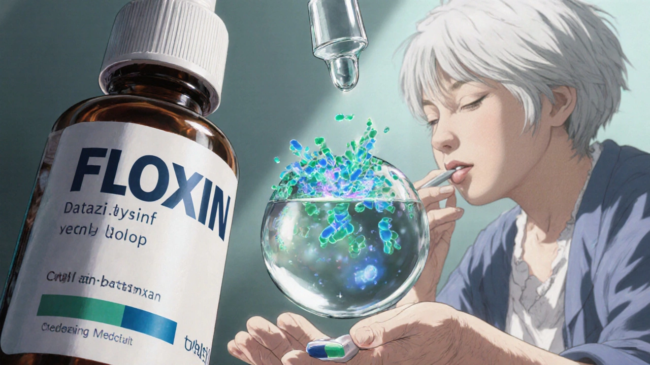 A Floxin eye drop refracting bacteria being destroyed, with other safe antibiotics used by different age groups in the background.