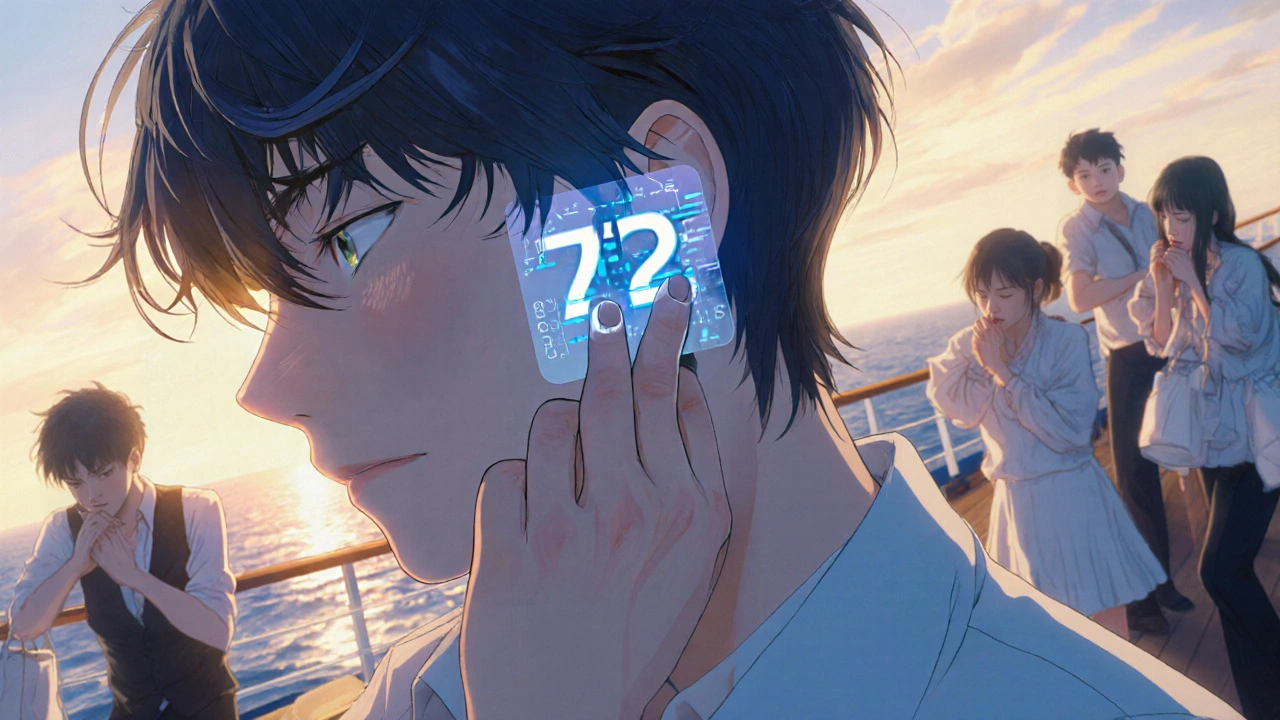 A person applying a scopolamine patch on a cruise ship, with a glowing 72-hour timer.