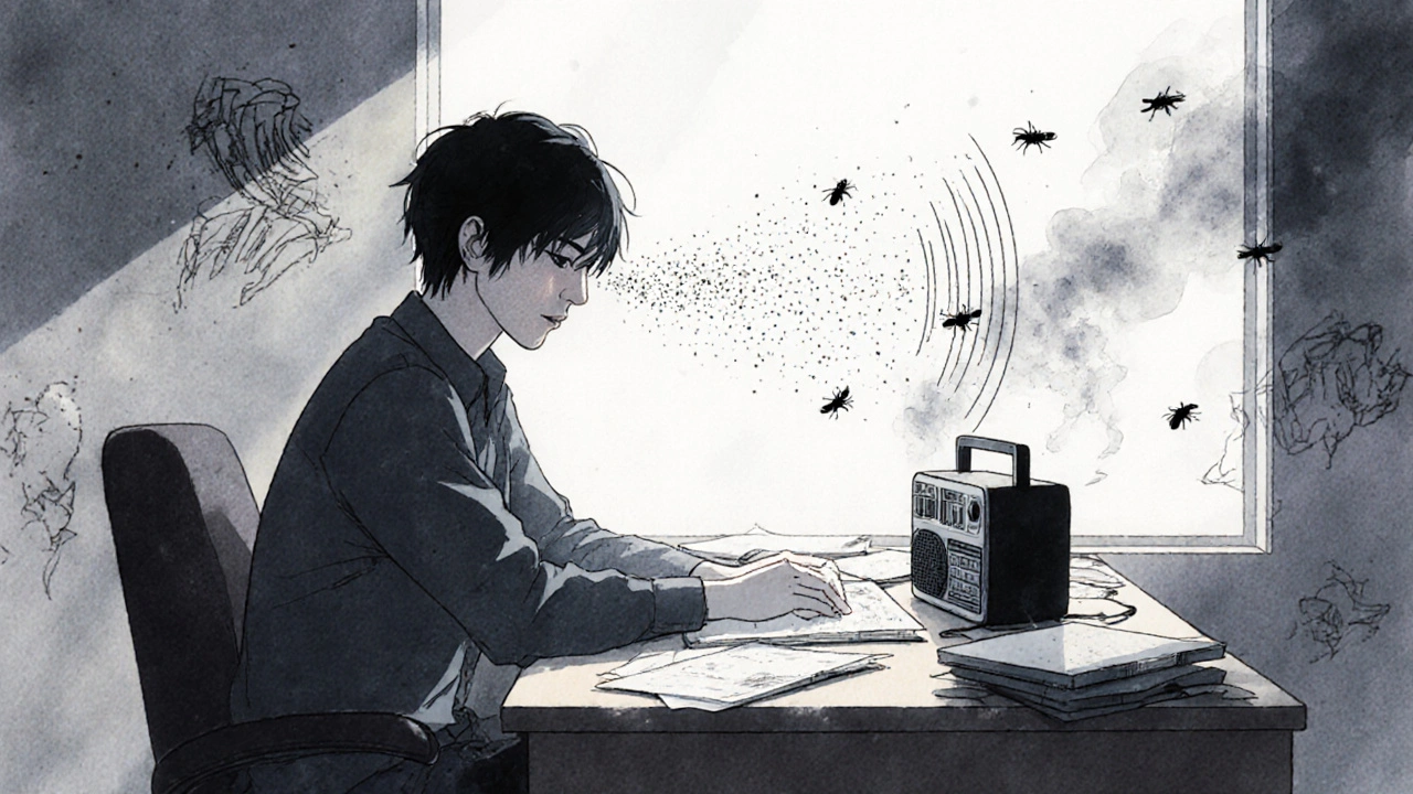 A person at a desk as mental distractions fade away like smoke, with a quiet radio symbolizing clarity.