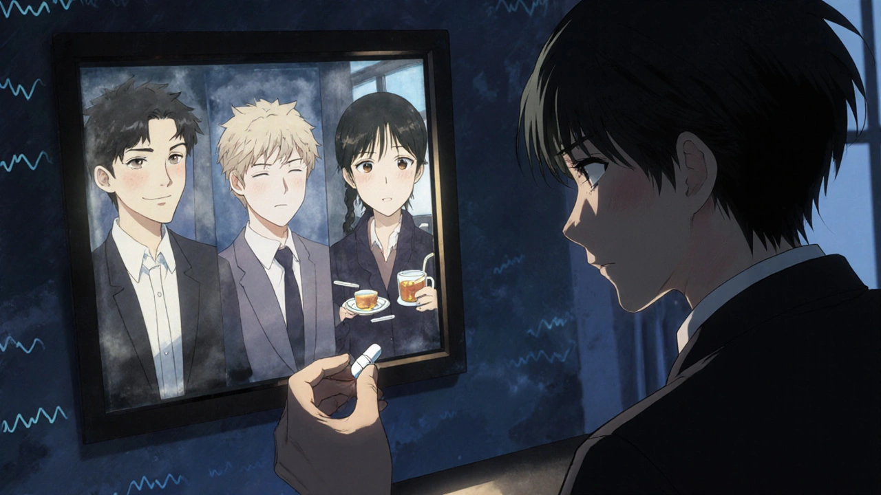 A person in a dim room, mirror showing alternate selves on different addiction treatments, symbolizing recovery paths.