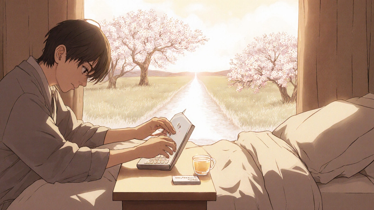 A person receiving support with a therapist&#039;s card and tea, a path of light symbolizing recovery behind them.