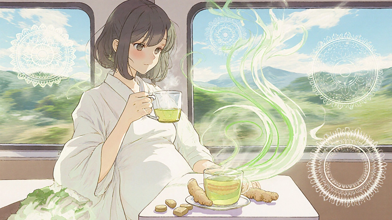 A pregnant woman sipping ginger tea, with calming energy spirals and acupressure bands nearby.