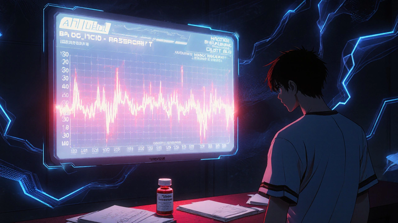 A shadowy athlete facing a glowing blood profile screen in a dark lab.