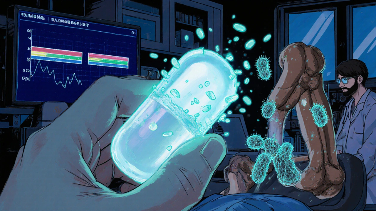 A shattered calcium pill releasing particles toward a fractured bone, with gut bacteria guiding repair in anime style.