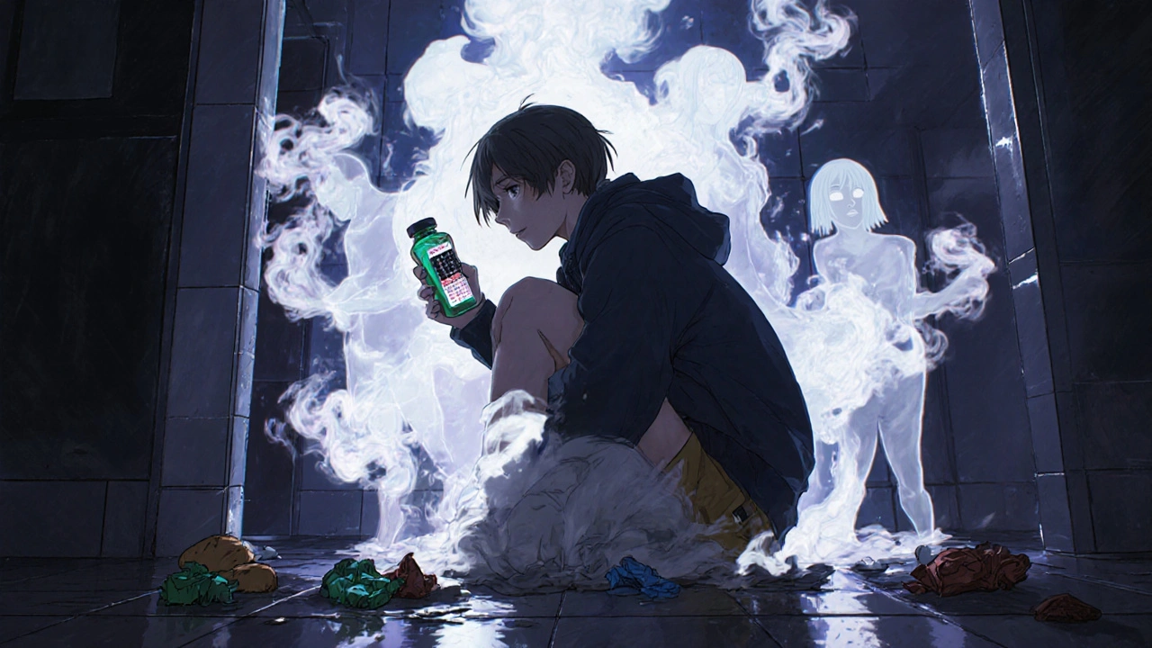 A student in a bathroom surrounded by ghostly shadows of anxiety, holding laxatives after a binge.