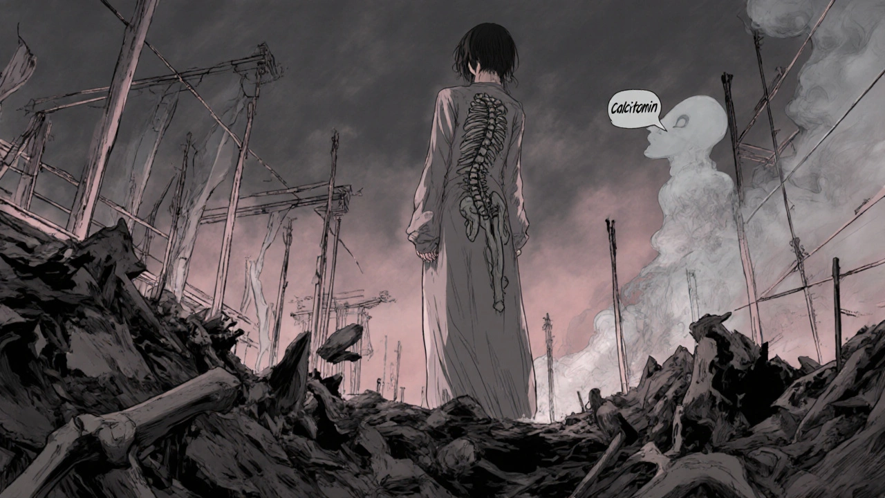 A woman beside a crumbling bone construction site as estrogen fades and calcitonin&#039;s signal weakens.