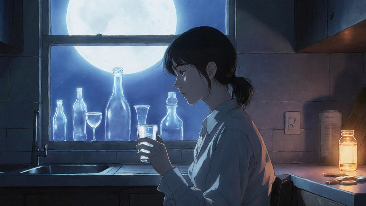 A woman drinking water at night, ghostly images of alcohol and pills fading behind her.