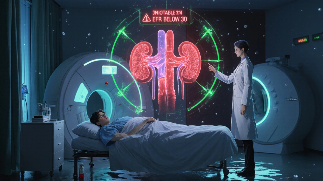AI interface displays kidney stress biomarkers above a patient, with MRI and discarded contrast dye nearby.