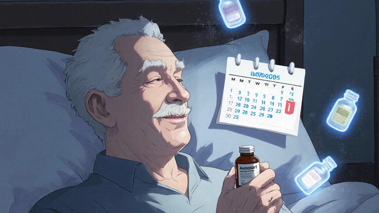 An elderly man smiling at night with a generic pill bottle, reduced bathroom trips shown visually.