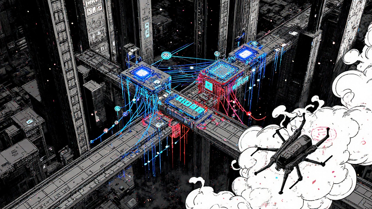 Cyberpunk cityscape representing global drug approval systems with interconnected towers and digital data streams.