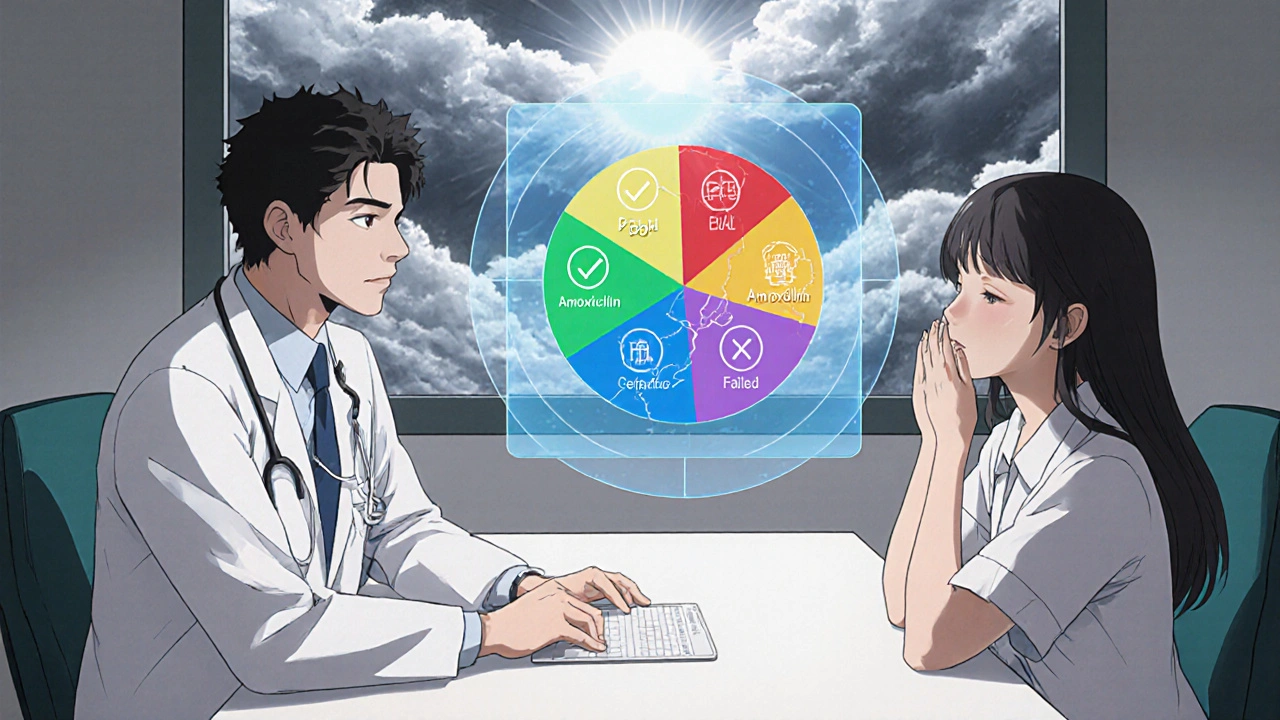 Doctor and patient at a clinic with a holographic chart comparing antibiotics, sunlight breaking through the window.