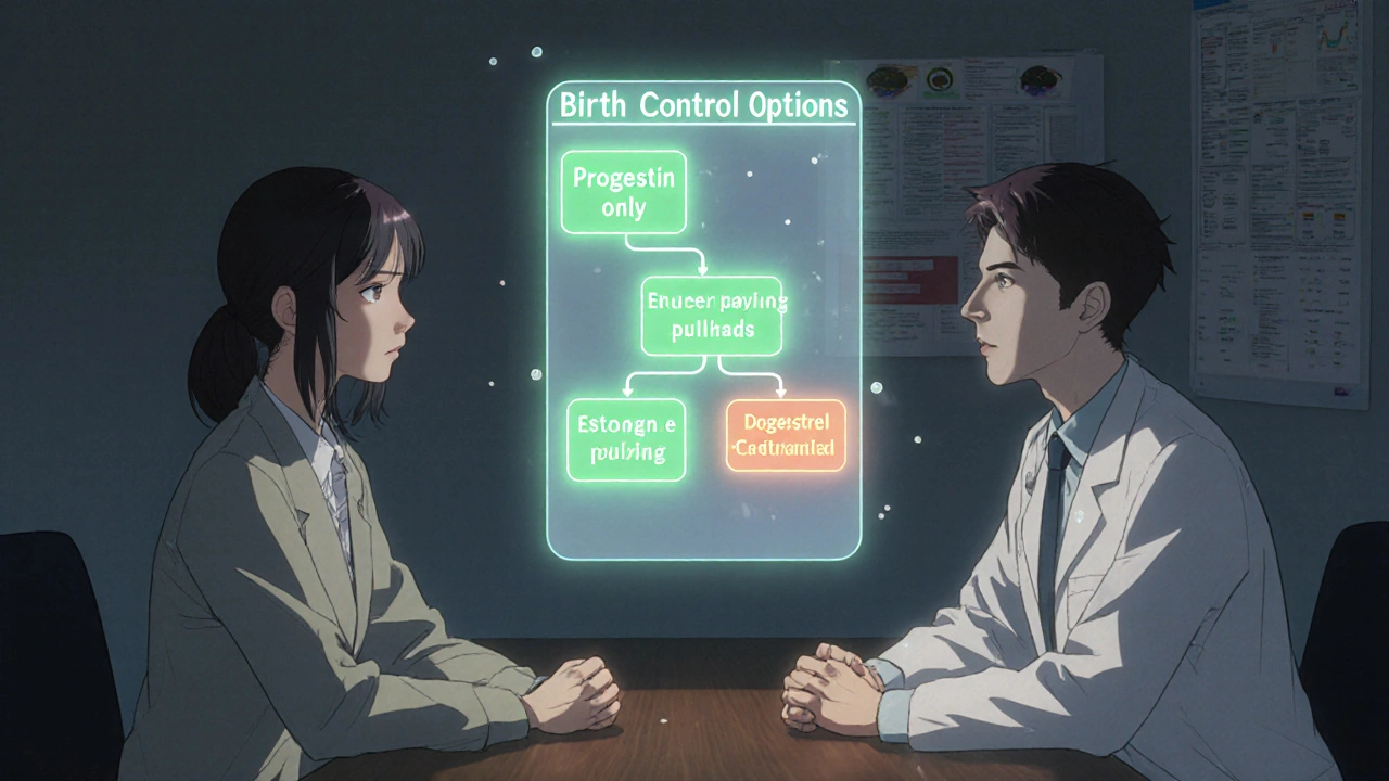 Doctor and patient discussing birth control options with a floating risk flowchart in anime style.